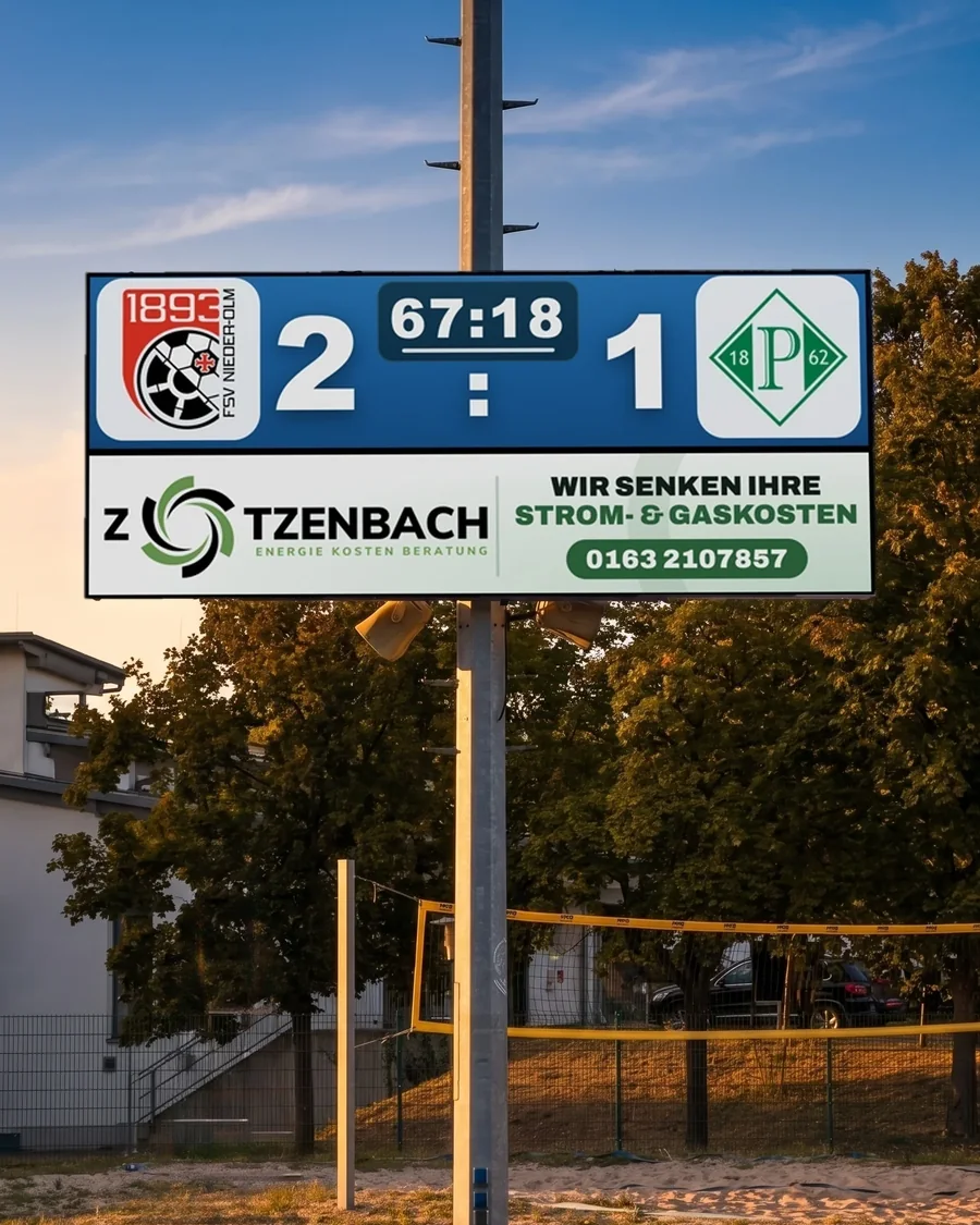 LED-Anzeigetafel am Mast in der Abendsonne, Spielstand 2:1, darunter Werbung eines Partners