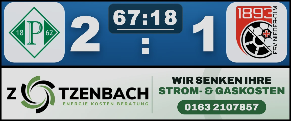 Anzeige Spielstand 2:1 für TSG Planig gegen FSV Nieder-Olm, mit Wappen und Uhr, darunter die Werbung eines Partners